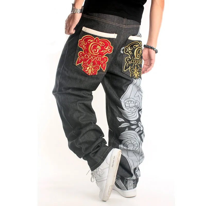 Jeans larghi con ricamo Hip Hop da uomo Pantaloni larghi in denim Skateboard