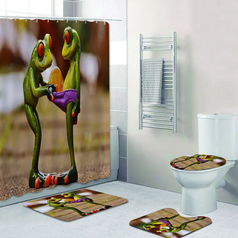 Funny 3D Frog On Toilet Shower Curtain Set Porcelain Tree Frog