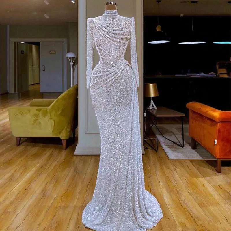 White Glitter Mermaid Evening Dresses High Collar Sequins Beaded Long Sleeve Sweep Train Formal Party Gowns Ruched Long Prom Dress