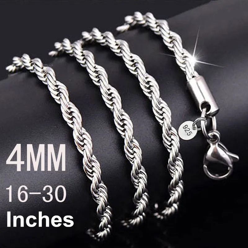 925 Stämpel Rope Kedjor 4mm Sterling Silverpläterade Halsband för kvinnor Mäns Mode Trend DIY Smycken Tillbehör 16 '' 18 '' 20 '' 22 '' 24-30 tum