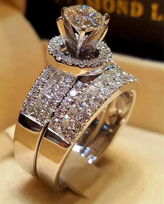 ラグジュアリークリスタルダイヤモンドの女性ビッグクイーンリングセットファッション925シルバーブライダル結婚指輪
