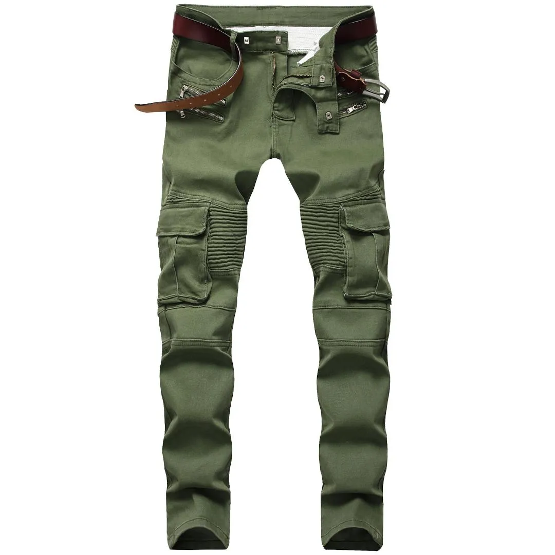 Mens Skinny Jeans: Designer Army Green Slim Fit Moto Biker Denim