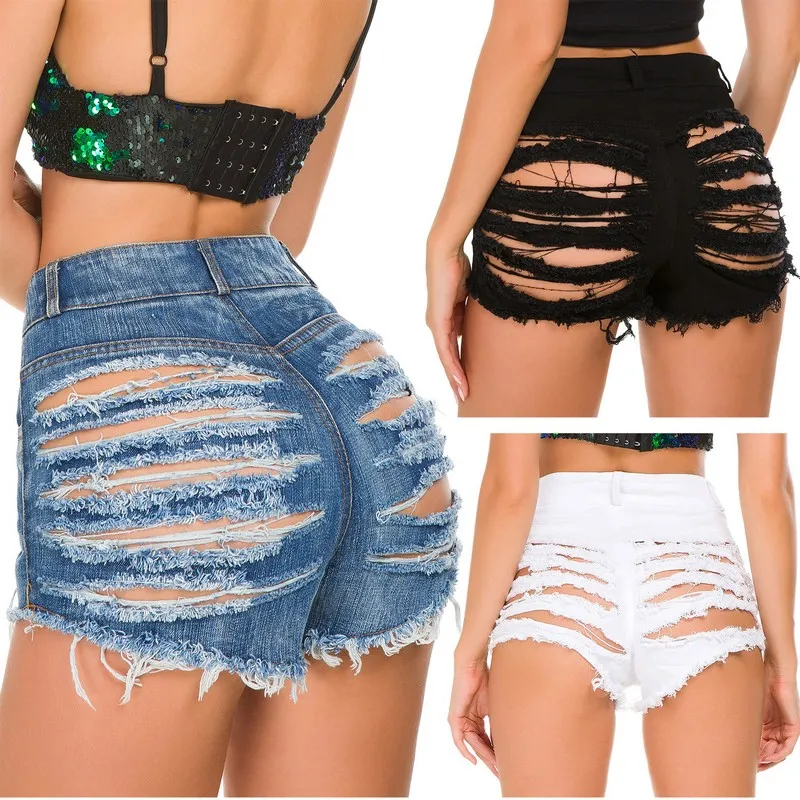 Women's Vintage High Waist Rough Cutting Back Cut-out Skinny Hot Denim Shorts Fashion Short Jeans Sexy Ripped Hollow-out DJ Punk Clubwear