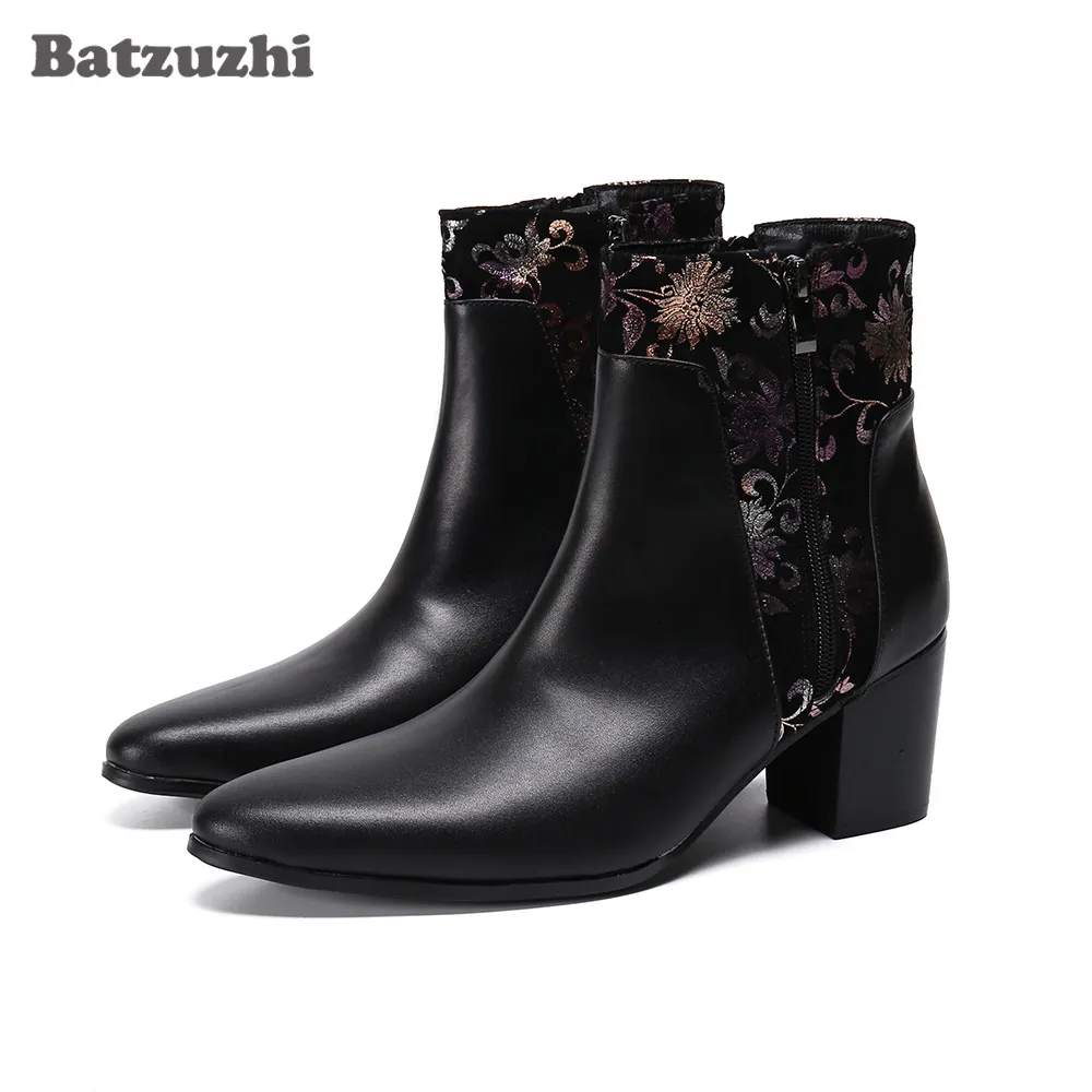 Batzuzhi 7.5cm saltos altos homens botas de couro genuíno preto botas de tornozelo Gentlemen Chaussure Homme festa e casamento botas para homens