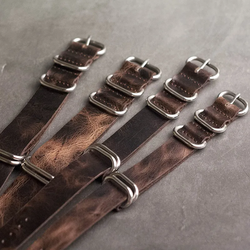 Onthelevel Lederen NAVO-riem 20mm 22mm 24mm Zulu-band Vintage eerste laag koe lederen horlogeband met vijf ringen gesp #e CJ191225