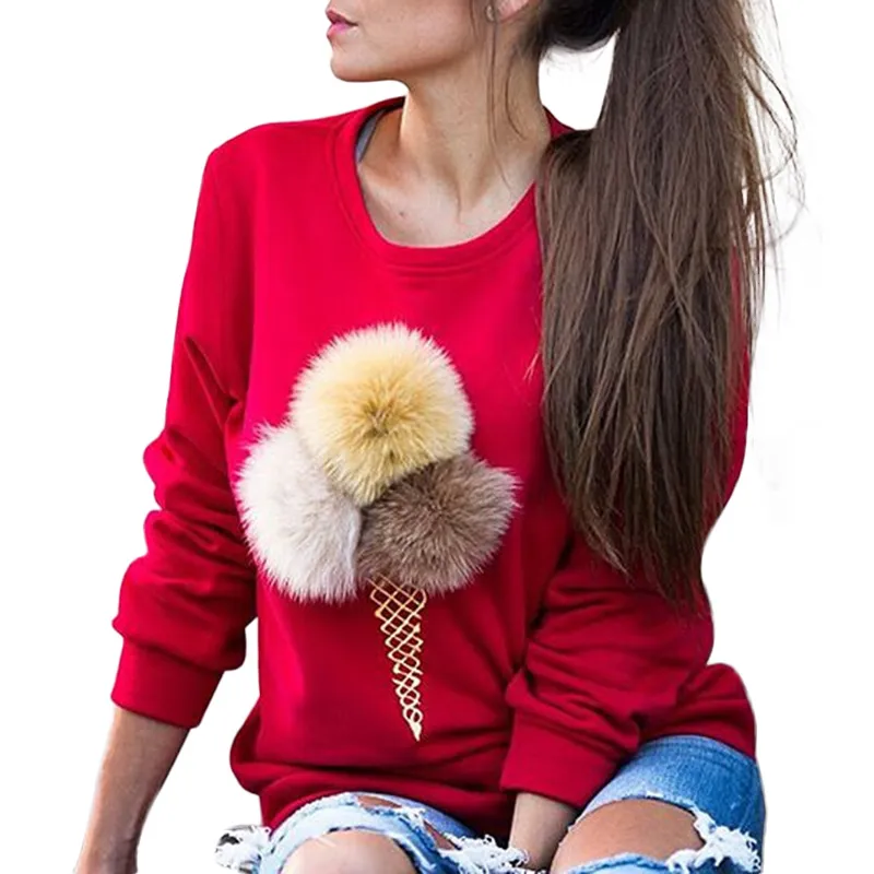 Sweaters Women Cute Hair Ball Decoration Pullovers Tops Ladies Ice Cone Embroidery O-Neck Long Sleeve Sweater Women's