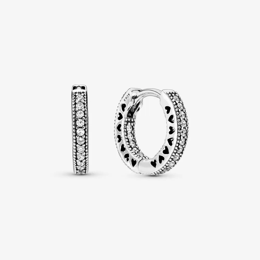 Authentique 100% 925 Sterling Silver Pave Heart Hoop Boucles D'oreilles De Mode Bijoux De Mariage Accessoires Pour Femmes Cadeau