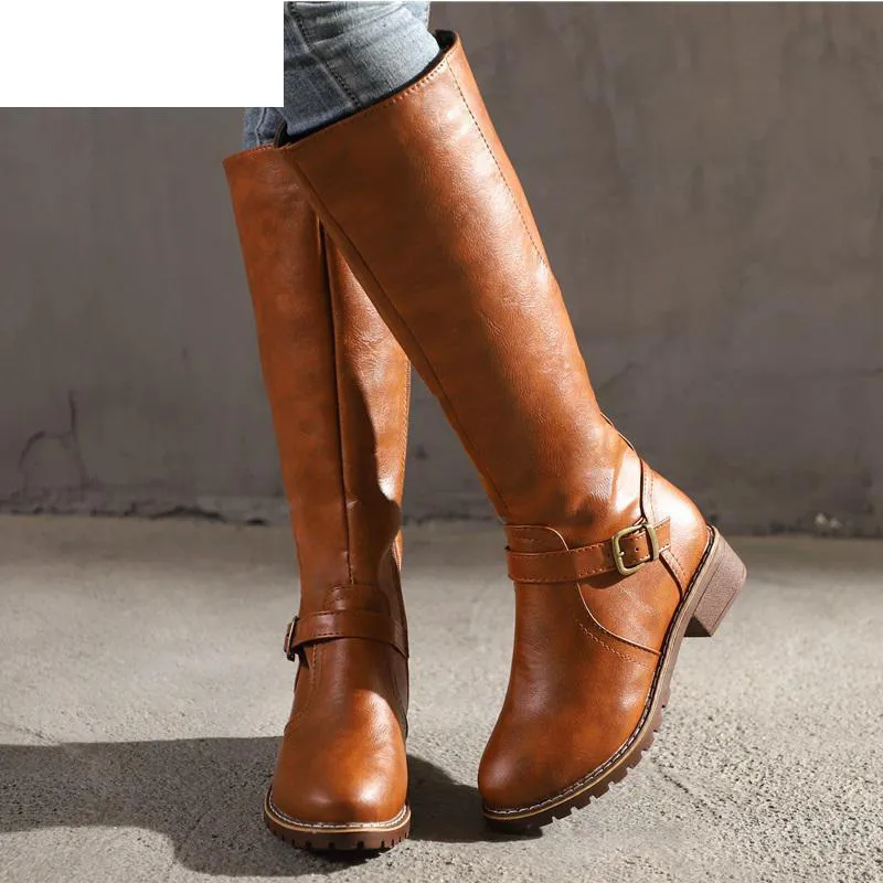 New Arrival Riding Boots Square Med Heel Fur Platform Winter Knee High Boots Women Motorcycle Boots Work