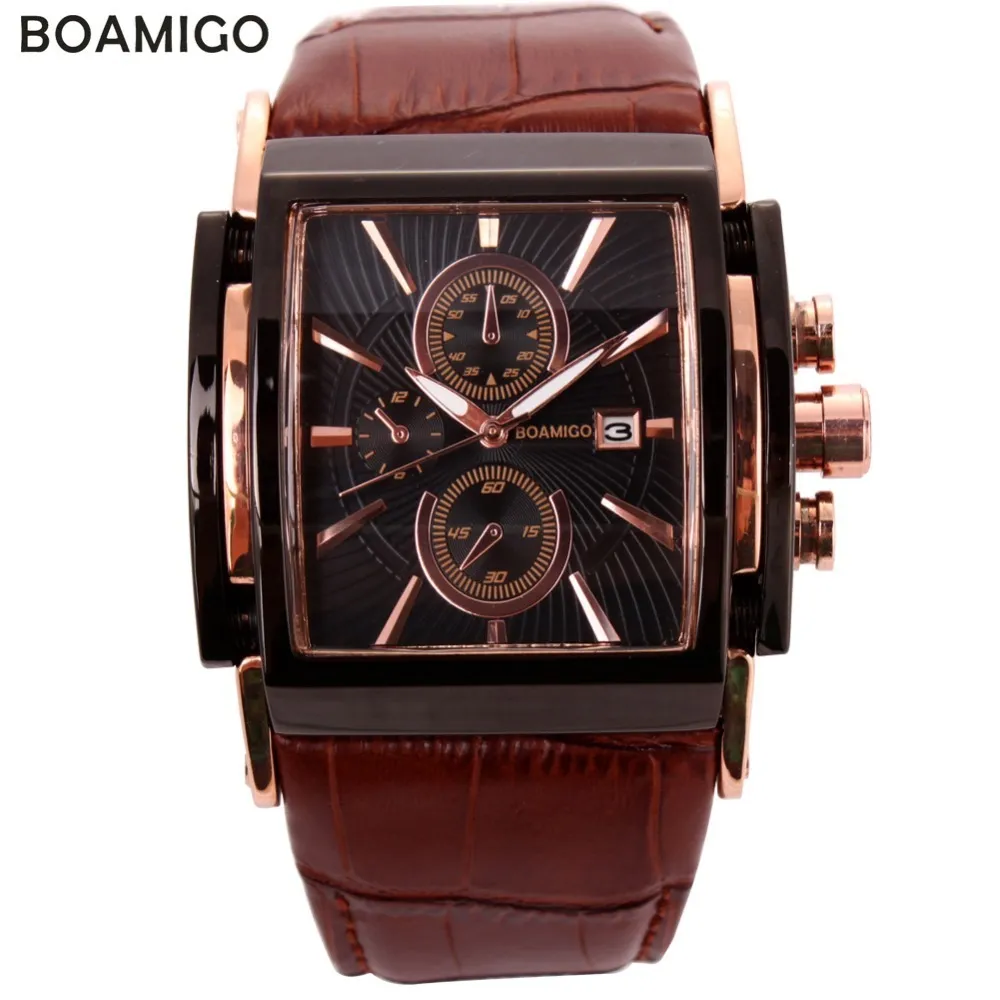 Boamigo Hommes Montres À Quartz Grand Cadran Mode Casual Montres De Sport En Or Rose Sous Cadrans Horloge En Cuir Marron Mâle Montres Y19070603