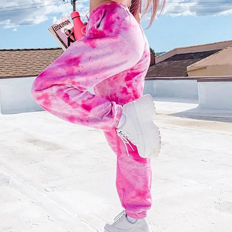 Running Pants Pink Tie Dye Print Baggy Women Jogger Sweatpants