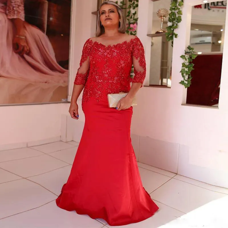 Sirena con perline rosse Abiti per la madre della sposa Sheer Bateau Neck Paillettes Maniche lunghe Abiti da sera Satin Plus Size Abito da sposa