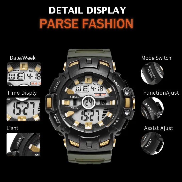 2020 SMAEL LED Bracelet Digital Waches SMAEL Marque De Luxe Horloge Hommes Montres Militaires Alarme relogio montre1532B Hommes Montres Sport Étanche