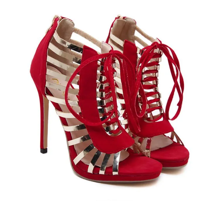 Hot Sale Newest Red Black Gold Strap Patchwork Lace Up High Heel