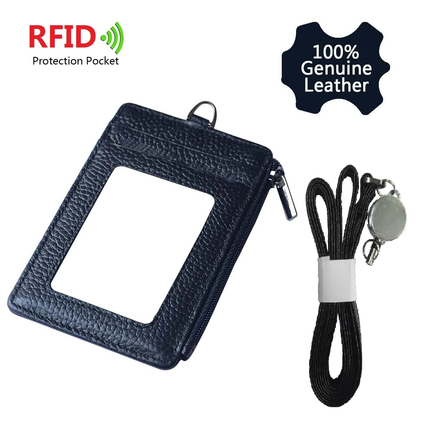 ID Window genuine Leather Card Holder RFID Protection pocket Card Case Badge Wallet Neck Strap Lanyard