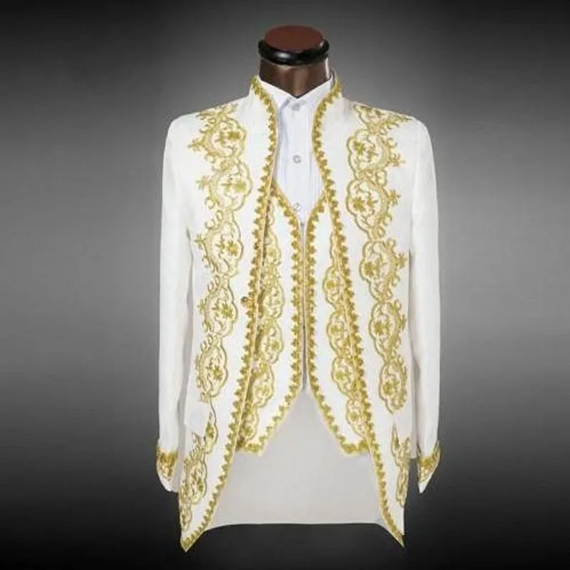Popüler Mandarin Yaka Nakış Groomsmen Bir Düğme Damat Smokin Erkek Takım Elbise Düğün / Balo İyi Adam Blazer (Ceket + Pantolon + Yelek + Kravat) I01