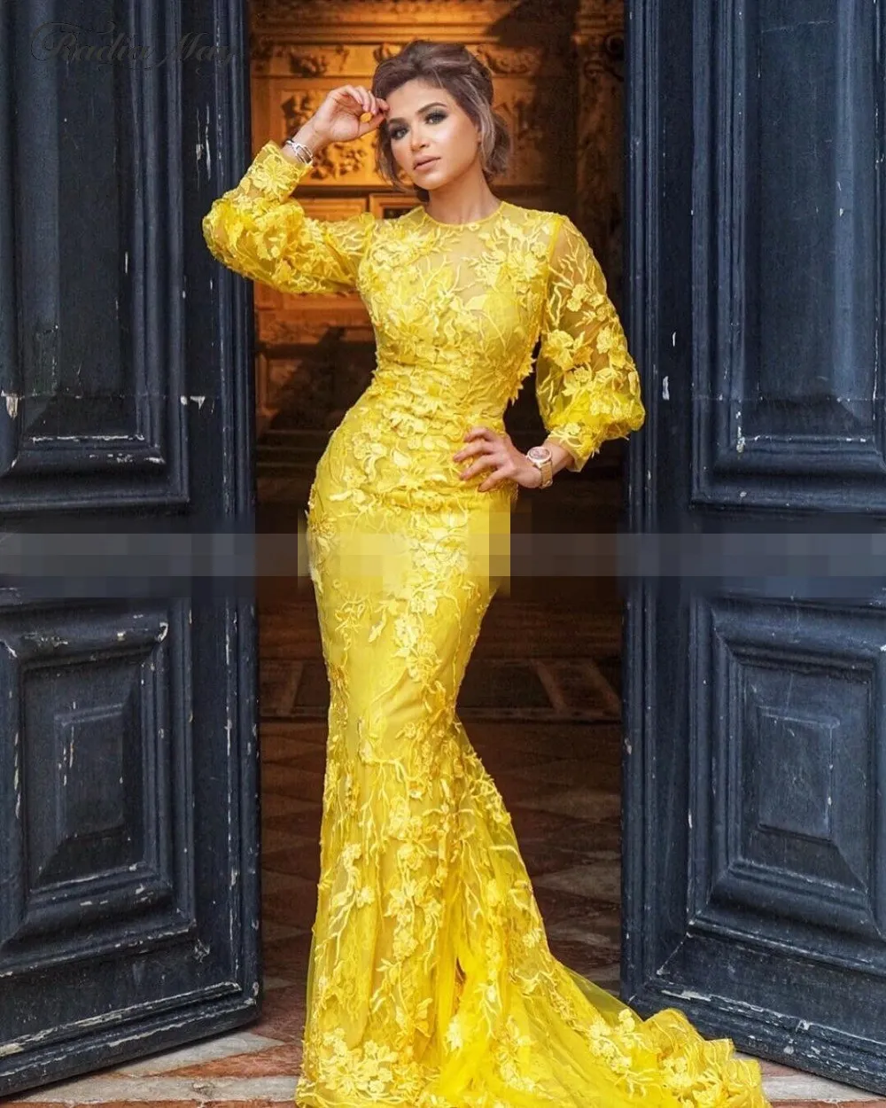 Yellow Poet Long Sleeve Prom Yellow Evening Dress With Expensive