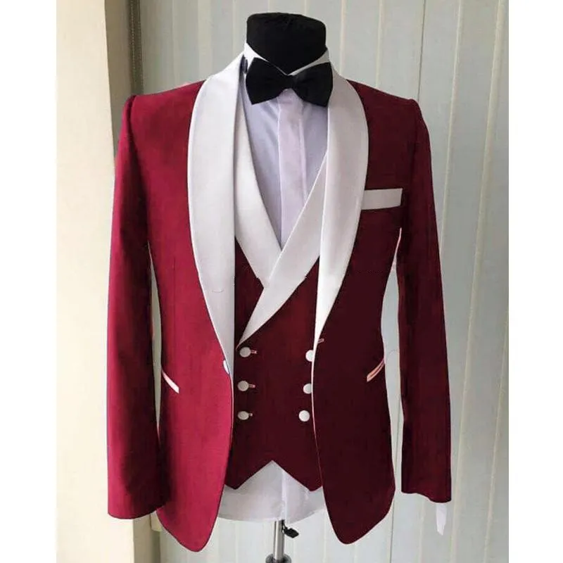 Burgundy Groom Tuxedos White Lapel Groomsman Wedding 3 Piece Suit Fashion Men Business Prom Party Jacket Blazer(Jacket+Pants+Tie+Vest) 2483