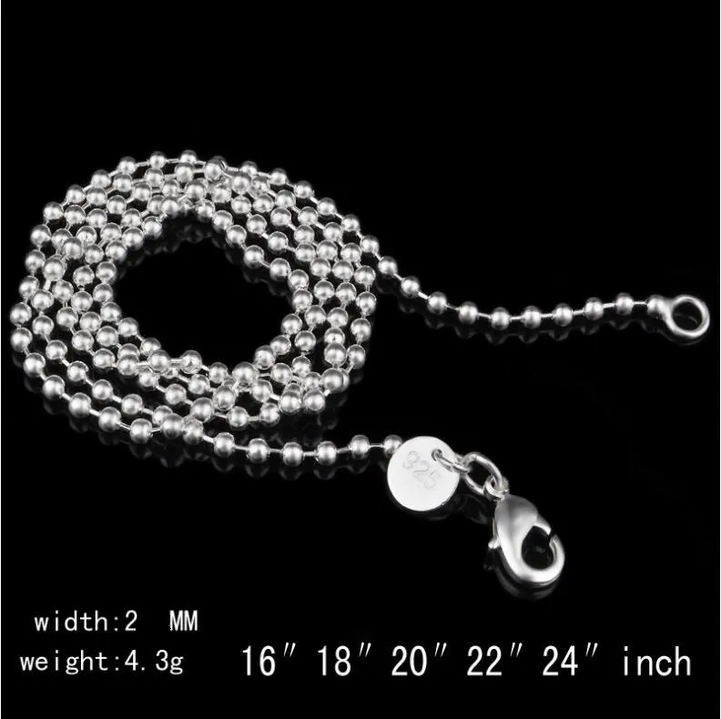 925 Sterling Silver Plated 2mm Bead Chain Halsband Storlek 16-24 INCHE SC02 TOP 925 Silverpläterad Kvinna Hummer Clasps Smooth Chain Smycken