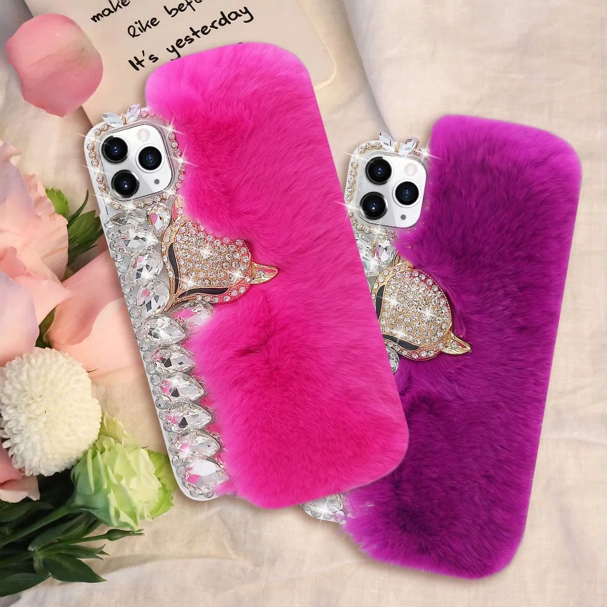 3D Vos Hoofd Fuzzy Diamond Telefoon Gevallen voor iphone Xr XsMax 11 12 13 14 15 Pro Max Warm Pluche pluizige Zachte TPU Cover