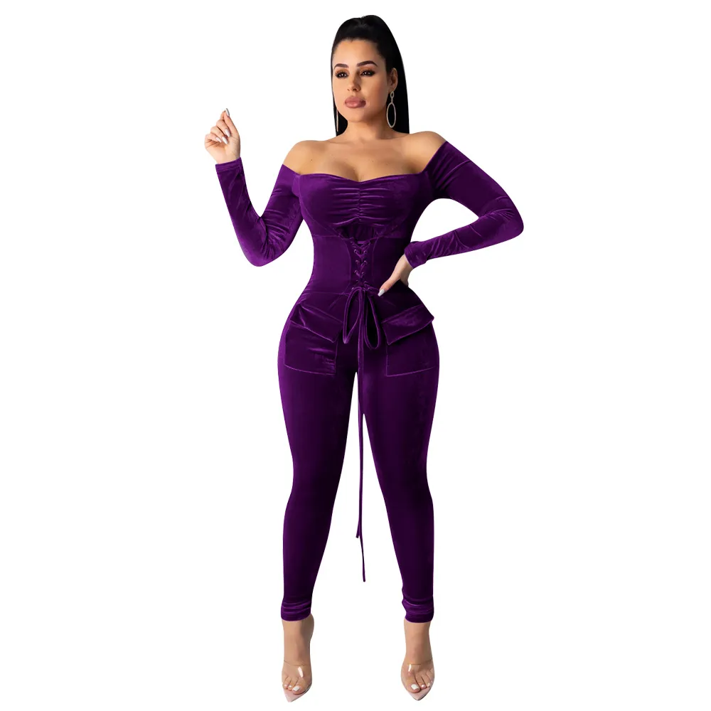 Damen-Jumpsuit aus Samt, 2-teiliges Outfit, Langarm-Body, Oberteil, dünne lange Hose, Jumpsuit-Trainingsanzug-Sets