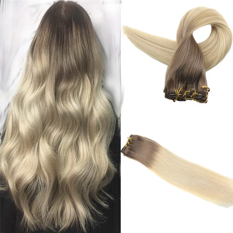 Brazilian Ombre Hair #6 Medium Brown to 613 Bleach Blonde Real Human Straight Clip In Hair Extension Thick End 7pcs 120g