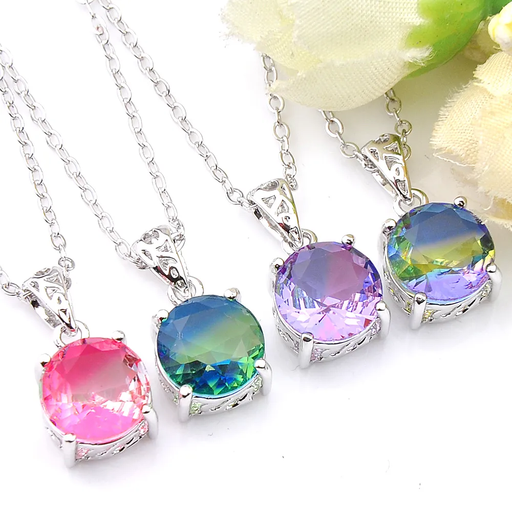 Fashion Jewelry 10 Pcs/Lot Luckyshine Round Bi-Color Tourmaline Gemstone 925 Silver Necklaces Pendant Women Party Weddings Jewelry Gift