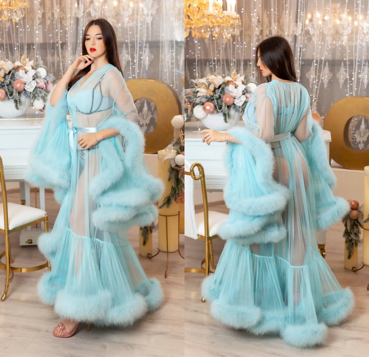 Blu Faux Fur Donna Notte Accappatoio Matrimonio Sposa Abiti da damigella d'onore Raso di seta Pigiama da notte Pigiama Lungo Lingerie Festa nuziale Abito da doccia