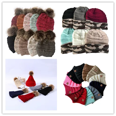 Femmes Enfants Mode Bonnet Tricoté Automne Hiver Chapeau Chaud Skullies Marque Logo Boule De Cheveux Lourde Solide Couleur