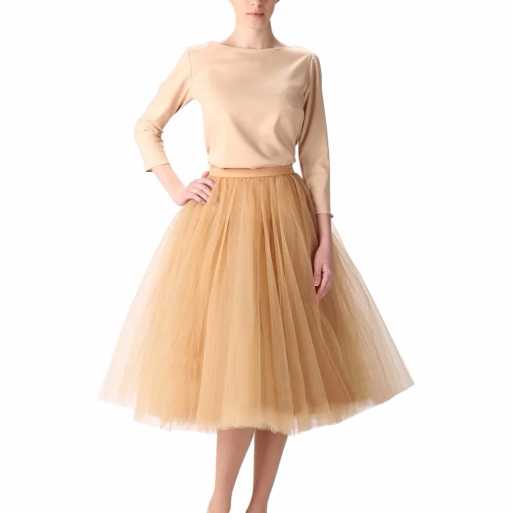 Vintage Gold Puffy Women Tulle Skirts Knee Length Female Tulle Skirt Plus Size Midi Tutu Adult Skirt High Quality Faldas