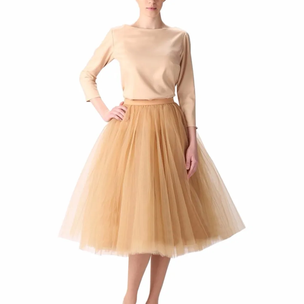 Vintage guld puffy kvinnor tulle kjolar knä längd kvinnlig tulle kjol plus storlek midi tutu vuxen kjol hög kvalitet faldas