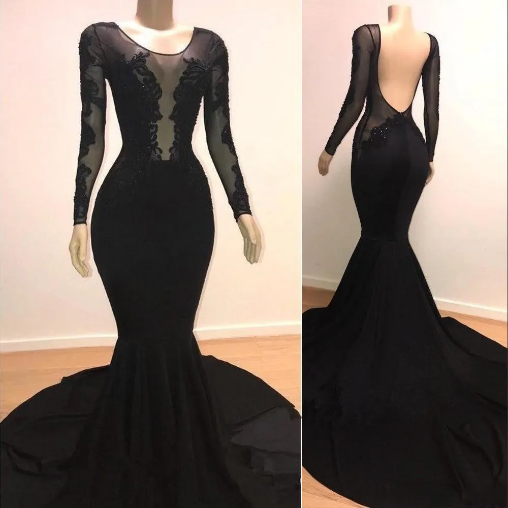 Nya Sexiga Svarta Aftonklänningar Slitar Sheer Neck Långärmad Snörning Applique Sweep Train Backless Plus Size African Prom Dresses Party Gowns