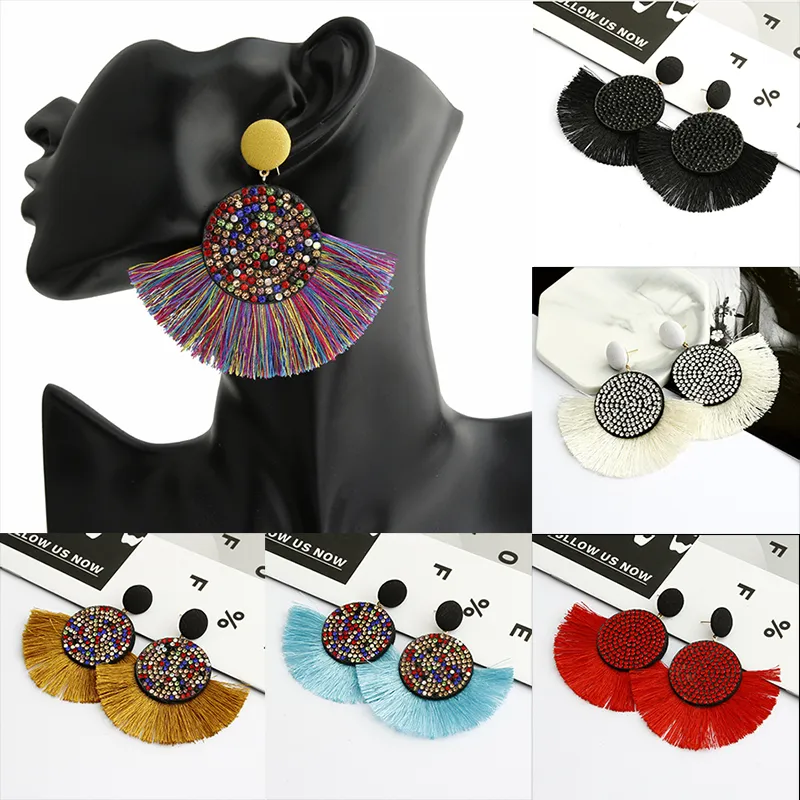 Boucles d'oreilles pendantes en forme d'éventail en cristal de luxe bohème pour femmes exagérées grand pendentif géométrique pompon dangler bijoux faits à la main pour femme