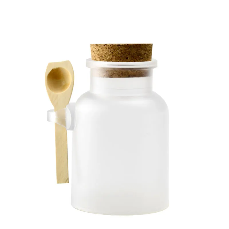 Bottiglie per maschera riutilizzabili con sigillo per agitatore di sale da bagno in ABS satinato con cucchiaio di legno Tappo morbido 100 ml 200 ml 300 ml