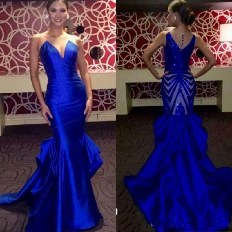 Elegante Royal Blue Evening Jurk Long 2022 Mouwloze Satin Mermaid Prom Dresses Back Lades Miss USA Pageant Party Jurkens