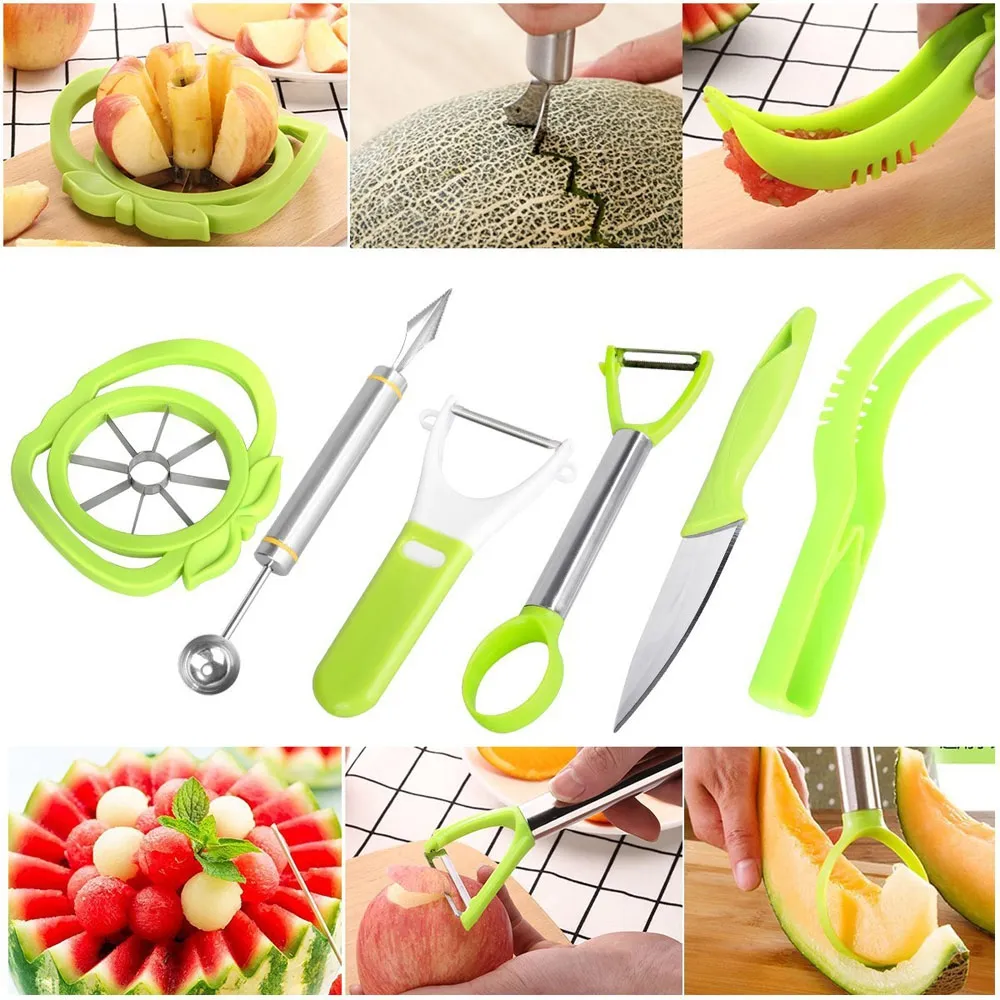 Set di strumenti per intagliare la frutta 6 in 1: affettatrice per anguria, paletta per scavino melone, affettatrice per frutta, coltello per sbucciare il torsolo della mela