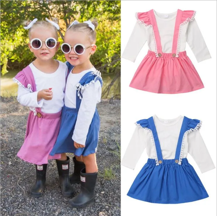 Kids Clothes Baby Girls Lace Suspender Skirt Clothing Sets Children Long Sleeve Top Mini Dresses Suits Spring Autumn Clothing Set YP827