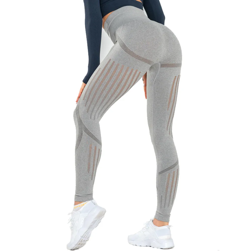 Pantaloni da yoga da donna in rete Pantaloni sportivi da fitness a vita alta Pantaloni da corsa da allenamento lavorati a maglia push-up