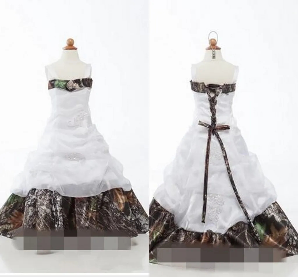 Bollklänning Camo Flower Girl Dresses Square Applique Pärlor Sequins Draped Lace-Up Girls Pageant Dresses Party Dresses for Teens Gowns 2019