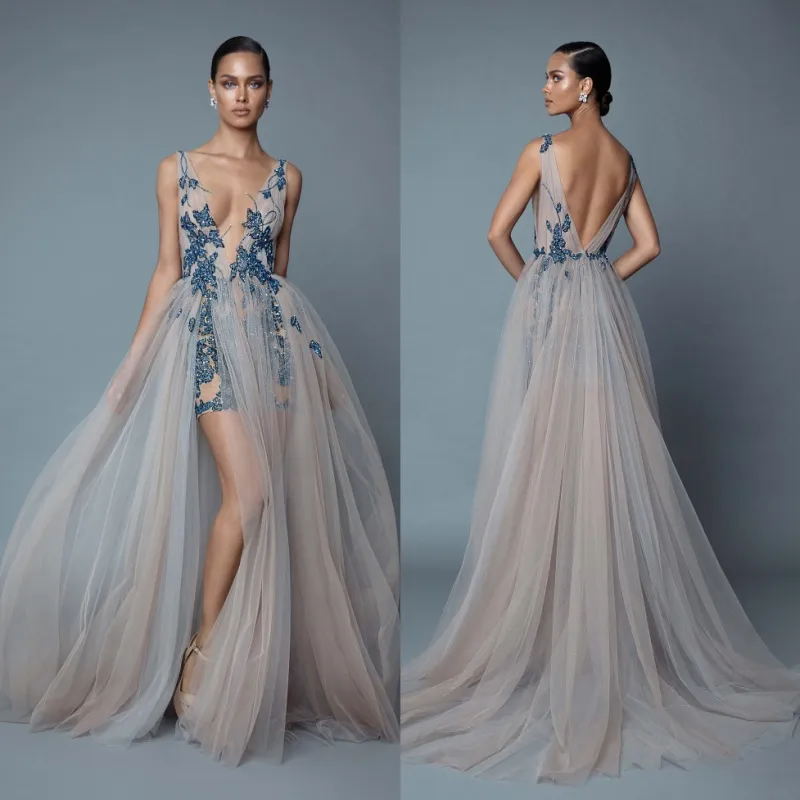 2019 Berta Overskirt Backless Suknie wieczorowe Zroszony Głębokie V Neck Cekinowe Side Split Prom Suknie Tulle Plus Rozmiar Plisowana Formalna Sukienka