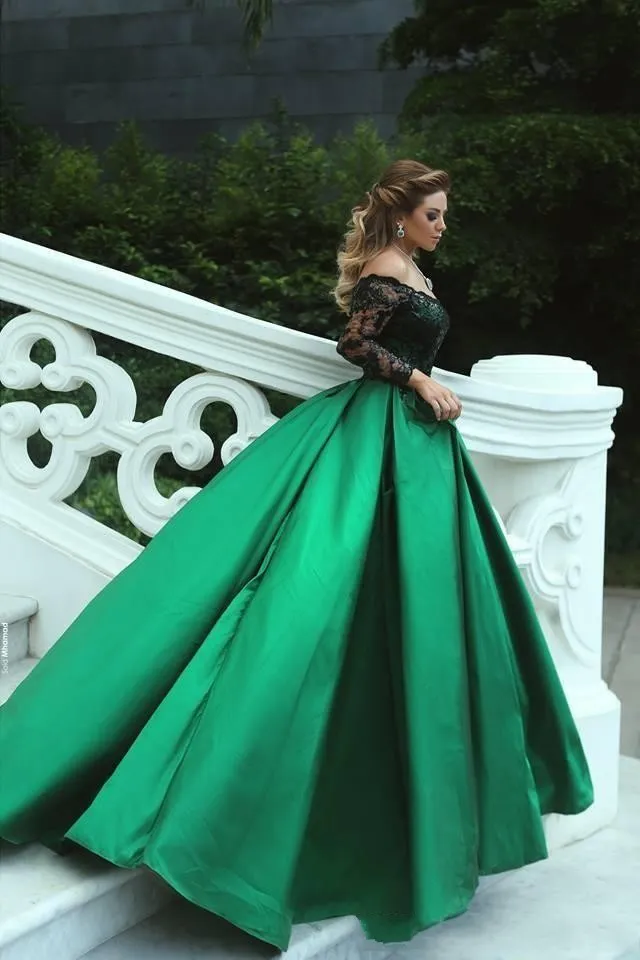 Elegant Emerald Green Lace Women Evening Wear See Thru Full Sleeves A-line  Beaded Gowns Long Evening Dresses - Evening Dresses - AliExpress