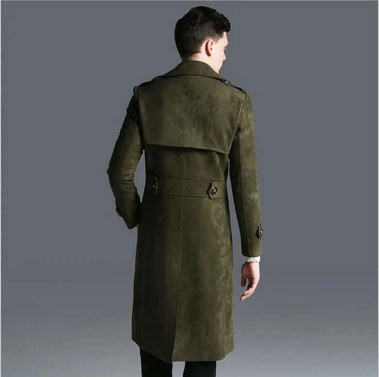 Military Style Suede Trench Coat Trendy Super Long And