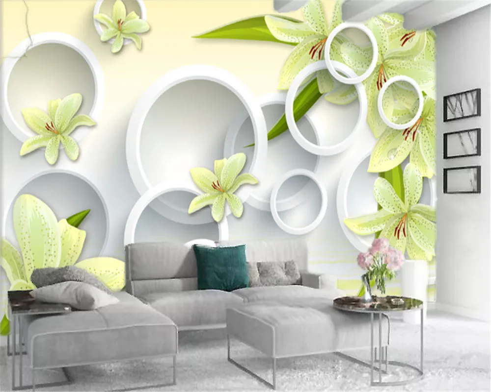 3Dモダンな壁紙ホワイト接続サークル繊細な花HDデジタル印刷の防湿ウォールペーパー