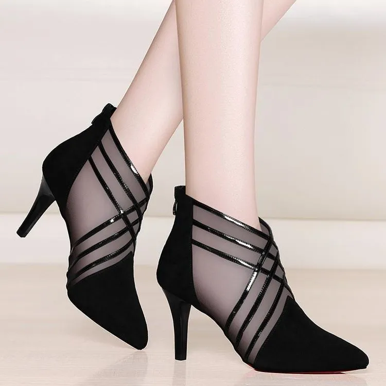 패션 메쉬 레이스 크로스 스트라이프 여성 여성 캐주얼 뾰족한 발가락 높은 단검 뒤꿈치 펌프 여성 샌들 신발
