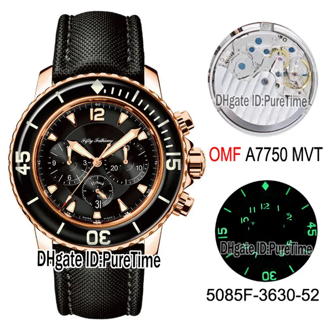 Nouveau OMF Fifty Fathoms 5085F-3630-52A ETA A7750 Chronographe automatique Montre pour homme Meilleure édition Or rose Cadran noir Bracelet en nylon noir Puretime