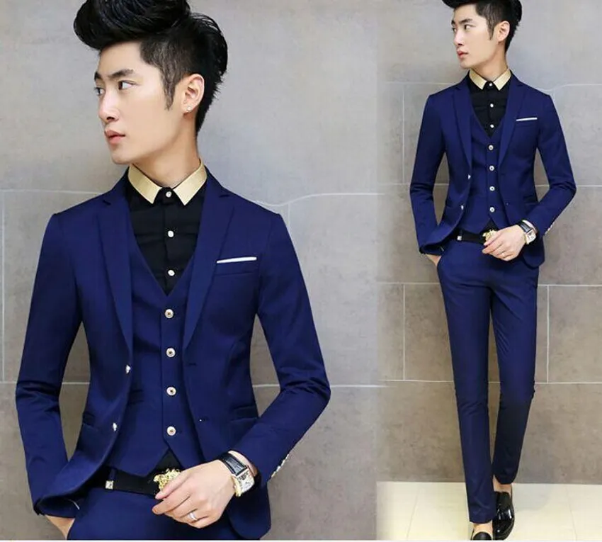 Navy Blue Groom Tuxedos Notch Lapel Groomsman Wedding 3 Piece Suit Moda Mężczyźni Business Prom Party Jacket Blazer (Kurtka + spodnie + krawat + kamizelka) 2556