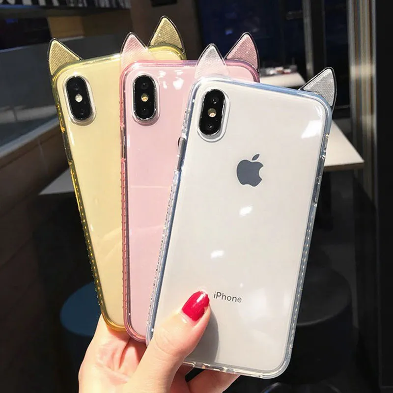 3D милый кошачий ухо сияющий бриллиант конфеты цвет телефона чехол для iPhone X XS XR XS макс. 6 6 S 7 8 плюс прозрачный мягкий тпу задняя крышка