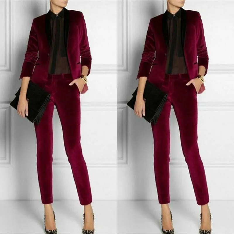 2020 Sexig Burgundy Velvet Kvinnor Ladies Suit 2 Pieces Mor of the Bride Suits Formal Business Women's Office Pantsuits Dress
