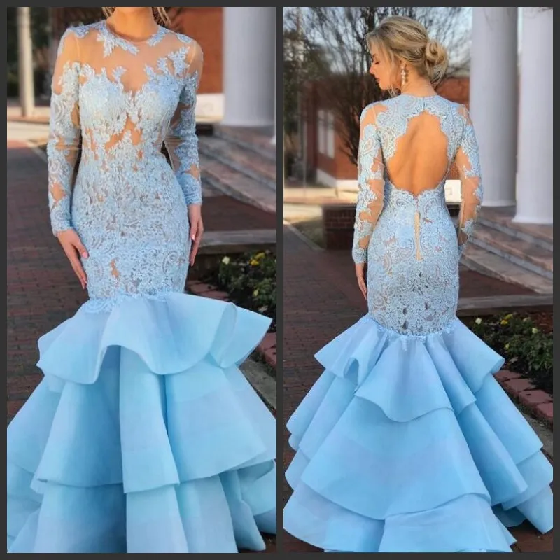 Sexy Back Hollow Mermaid Prom Dresses Lace Appliques Long Sleeves Jewel Neck robes de soirée Satin Tiered Skirts Evening Dresses Hot Sale