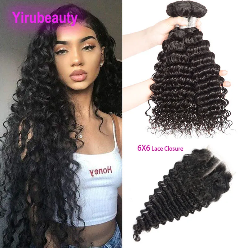 Indian Virgin Hair Bundles With 6X6 Lace Closure Deep Wave Curly 3 Bundles Six By Six Closures 4pieces/lot