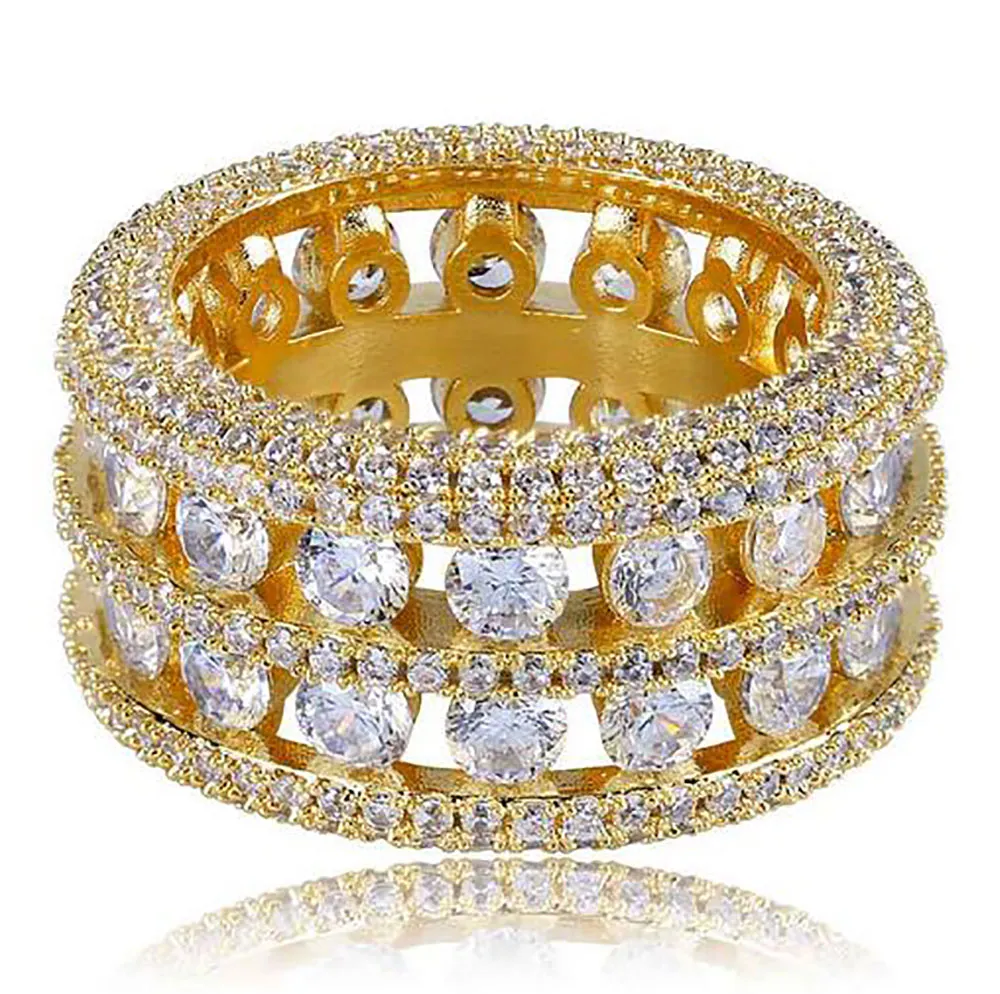 Mens 2 Row Channel Set Hollow 360 Eternity Band Gold CZ Bling Ring Diamants simulés complets Micro Pave Set Stones Hip Hop Anneaux